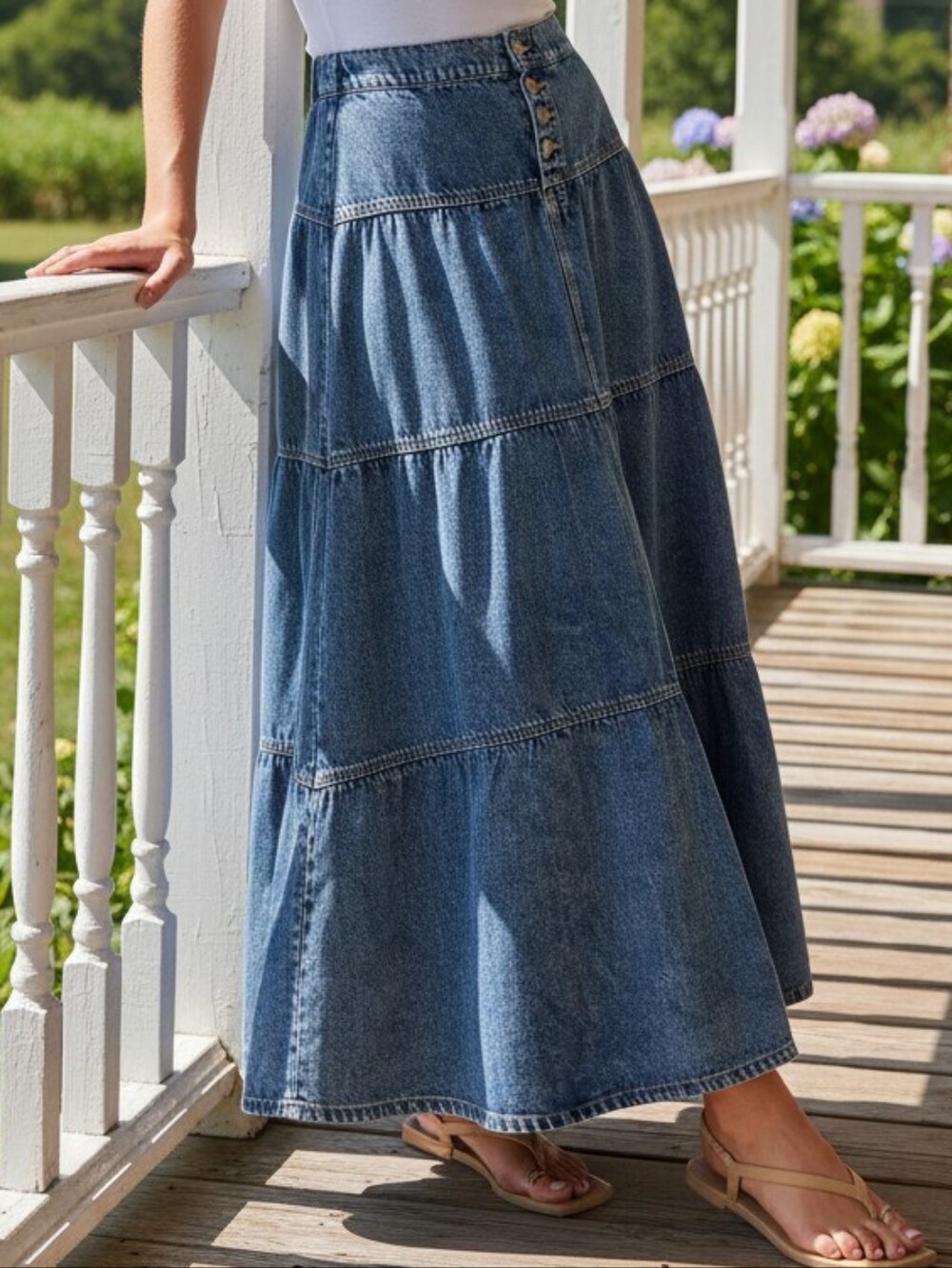 Risen High-Rise Button Elastic Waist Tiered Ruffle Cotton Denim Maxi Jean Skirt - Picture 13 of 14